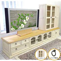 テレビボード巾240cm(ミルキーホワイト色)|ガラス扉|リング取手|キャビネット付